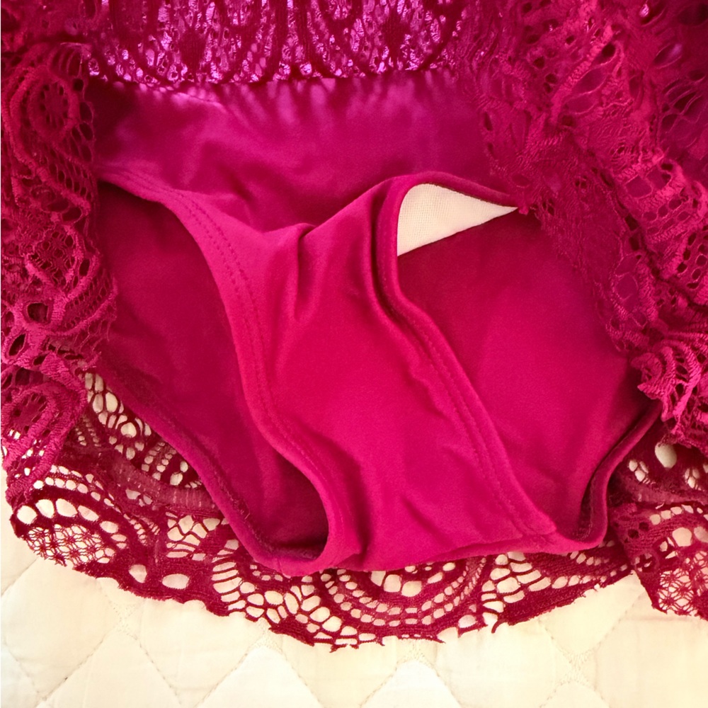 Red Lace Overlay Swim Suit - Picture 2 of 6